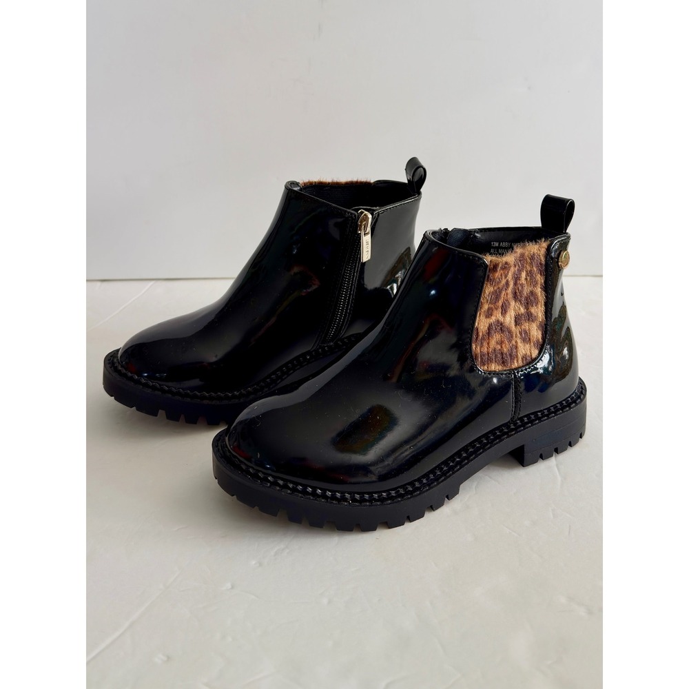 Nine West Abby Boots Kids Size 13 Black Leopard Print Patent Lug Sole Zip Unworn